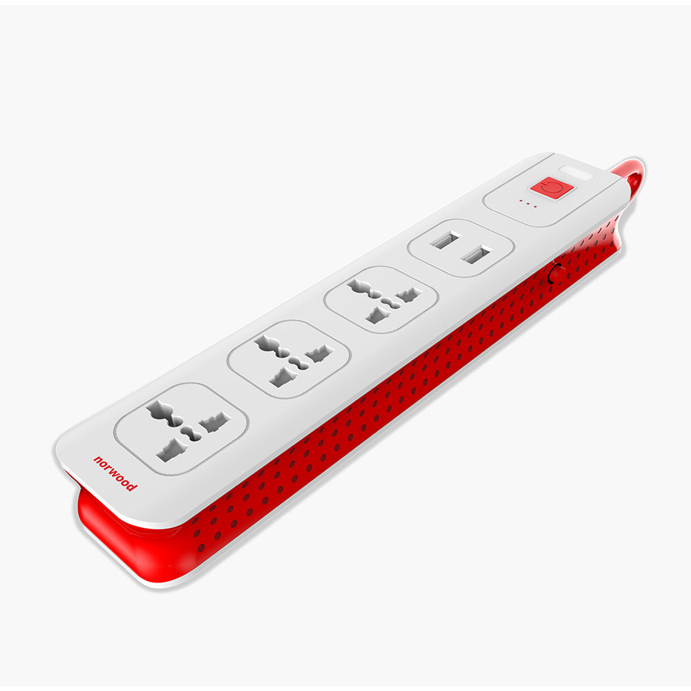 Norwood Graviti 4+1 Spike Guard with 1 Master Switch, Indicator, 3 International Sockets & Surge Protector & Twin USB 2.1A, White